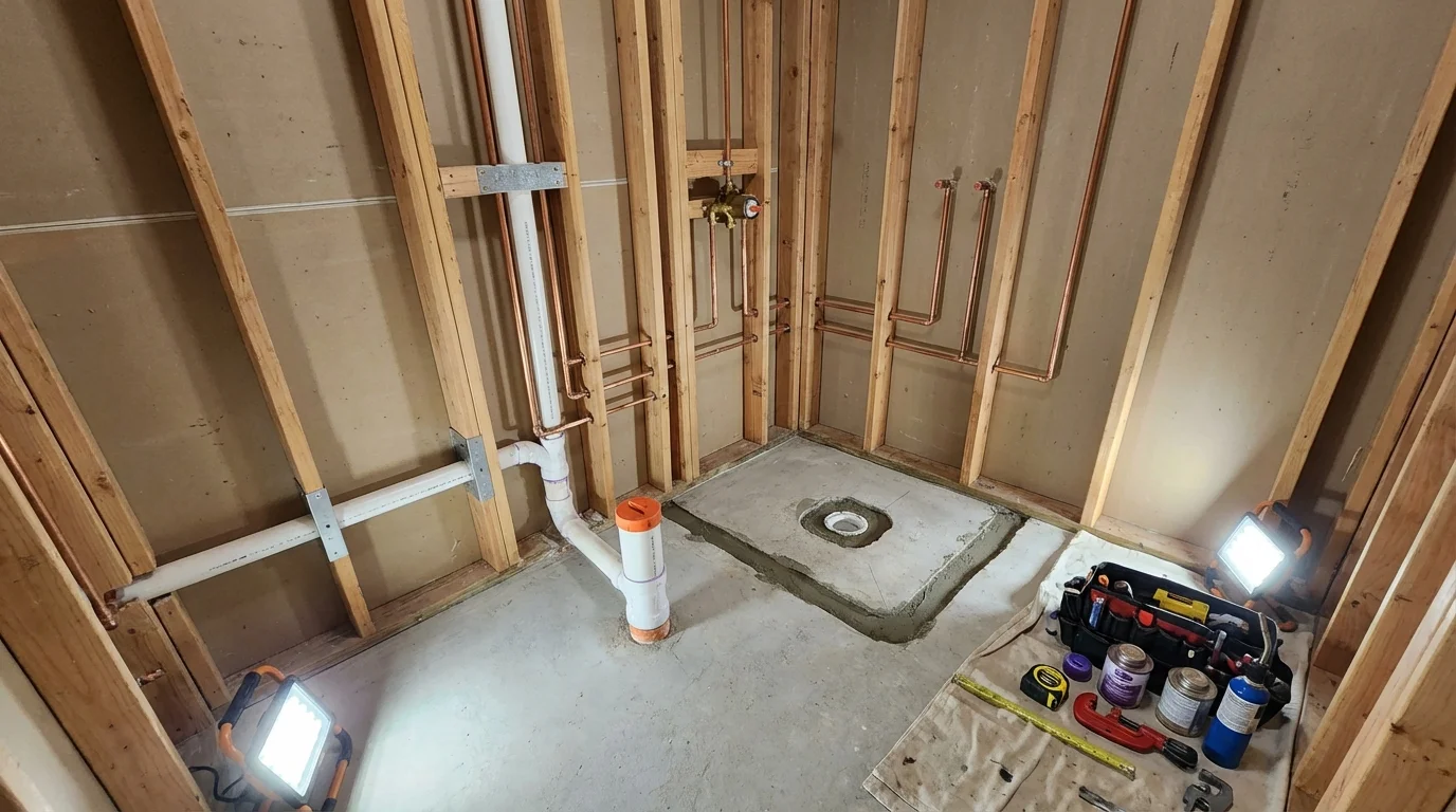 Bathroom rough-in plumbing during remodel by Johns Plumbing LLC in Lajas