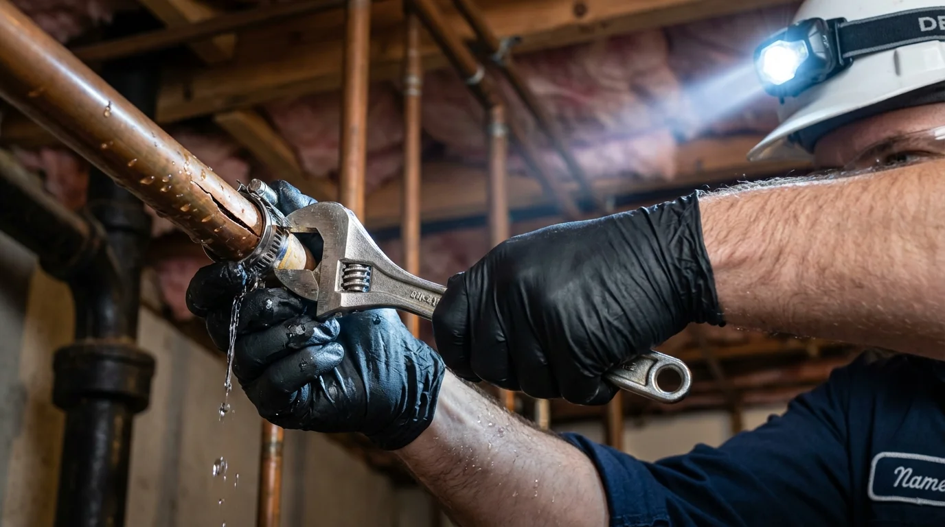 Emergency pipe clamp repair being performed by a Johns Plumbing LLC plumber in Lajas
