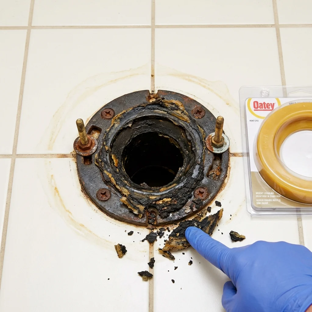 Failed wax ring showing water seepage at the base of a toilet in a Lajas, PR home