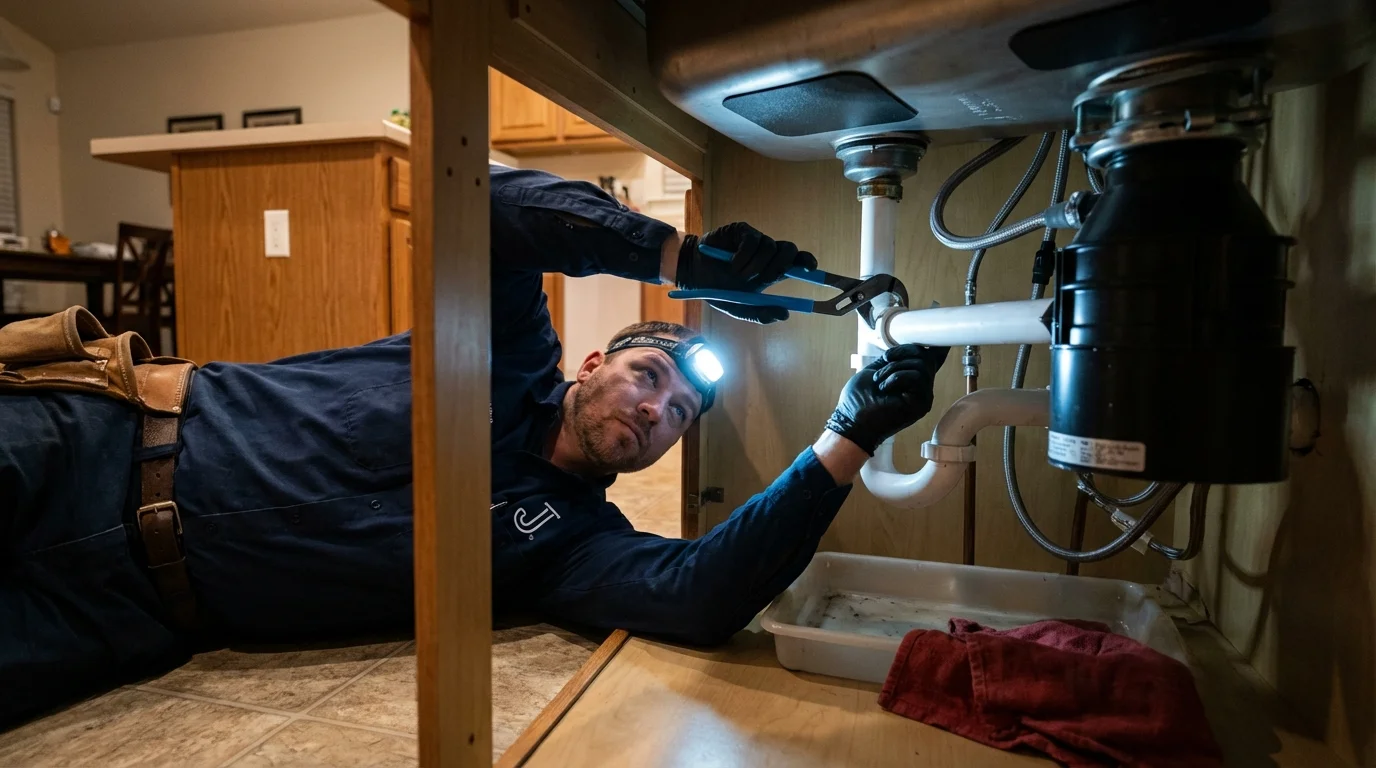 P-trap and supply line connections under a kitchen sink showing a common leak point in Lajas, PR